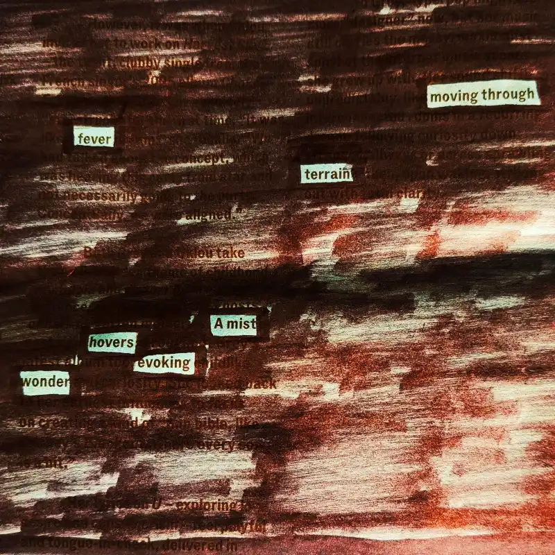 erasure poem: Moving through fever terrain/ a mist hovers/evoking wonder